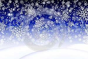 Falling snow background. Realistic snowdrift. Vector illustration with snowflakes. Winter snowy landscape. Eps 10.