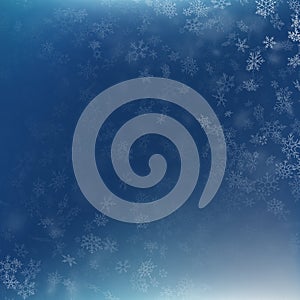 Falling snow on a blue background. Abstract white snowflake and sparkles background. EPS 10