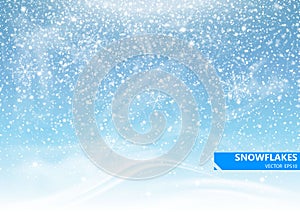 Falling snow on a blue background. Snowstorm and snowflakes. Background for winter holidays. Vector