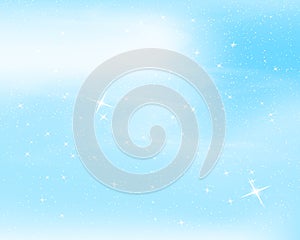 Falling snow. Blue sky with stars and clouds. Sparkle starry background. Vector illustration with snowflakes. Winter snowing sky.