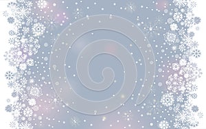 Falling snow border on a light tender silver grey background for your Merry Christmas and Happy New Year design