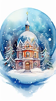 Falling snow, a chapel with decorated Christmas trees on a New Year greeting card.