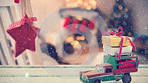 Falling snow with Christmas gifts decoration