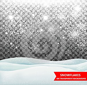 The falling snow and drifts on a transparent background. Snowfall. Christmas. Snowflakes and snow drifts. Snowflake vector