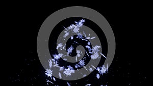 Falling snow effect on black background. Spin of snow crystal. Christmas. Snowflake. Winter season. Snow confetti animation.
