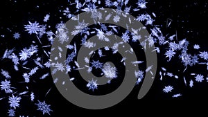 Falling snow effect on black background. Spin of snow crystal. Christmas. Snowflake. Winter season. Snow confetti animation.