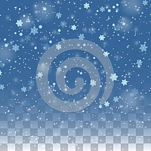 Falling snow isolated on transparent background. Christmas winter holiday vector background. Snowfall christmas, falling