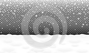 Falling snow with snowy landscape and snowdrifts christmas or new year vector background winter snowfall blank scene a holiday