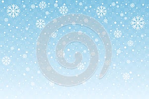 Falling snow with stylized snowflakes isolated on blue transparent background. Christmas and New Year decoration. Vector