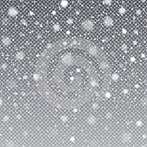 Falling snow on a transparent background. Shiny snowflakes