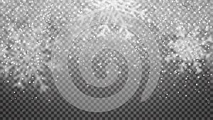 Falling snow on transparent background. Snowfall texture, snowflakes are falling down, transparent overlay effect