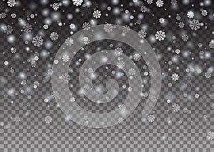 Falling snowflake Christmas Shining beautiful snow on transparent background. Snowflakes, snowfall. Vector illustration