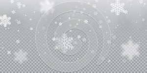 Falling snowflake pattern background of white cold snowfall overlay texture isolated on transparent background. Winter Xmas snow f