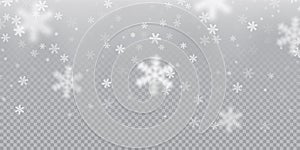 Falling snowflake pattern background of white cold snowfall overlay texture on transparent background. Winter Xmas snow f