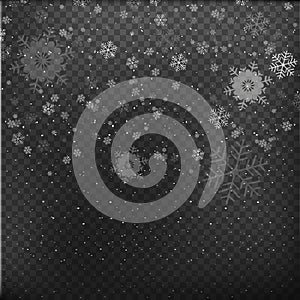 Falling snowflakes on gray background. Christmas snow. Snowfall. Winter is coming. Winter background. Vector illustration