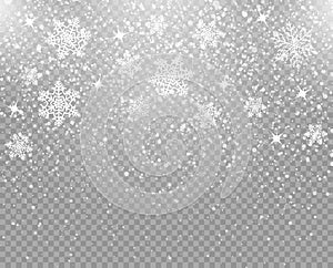 Falling snowflakes isolated on a transparent background. Overlay. Winter decoration for New Year and Christmas holiday. Vector.