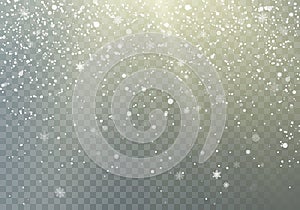 Falling Snowflakes transparent background. Frost Snow and Sunshine. Winter pattern with crystallic snowflakes.