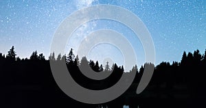 Falling stars Lake pine trees silhouette Milky Way 4k