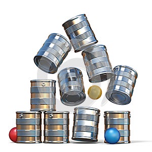 Falling tin cans and three balls 3D photo
