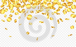 Falling from the top a lot of gold coins on transparent background. Vector illustration