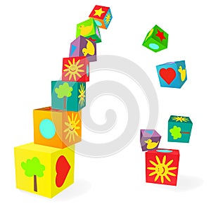 Falling tower of colorful childish play cubes