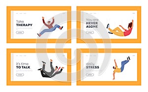 Falling Unhappy Characters Landing Page Template Set. Shocked People Fall Down due Stumbling, Slipping, Accident