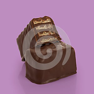 Falling waffle chocolate bars isolated on Pink background