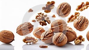 Falling walnuts isolate on White background