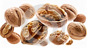 Falling walnuts isolate on White background