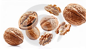 Falling walnuts isolate on White background