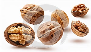 Falling walnuts isolate on White background