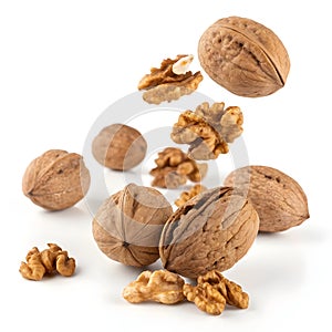 Falling walnuts isolated on white background
