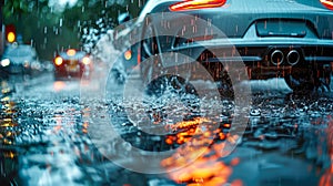 Falling water on a car in the city during a heavy rain