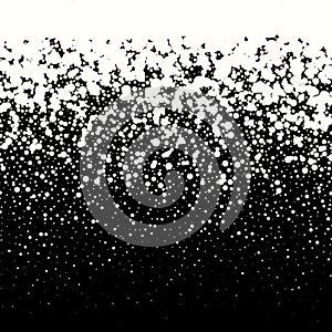 Falling white circles on a black background. Abstract background. Falling snow for christmas, new year and winter greeting card.
