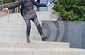 Falling Woman on Slippery Stairs, Icy Steps Fell, Unsafe Wet Steps, Slippery Stairs Problem