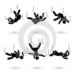 Falling woman stick figure pictogram. Different positions of flying person icon set symbol posture on white.
