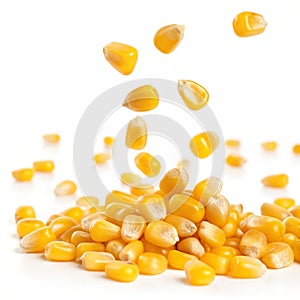 Falling yellow corn kernels isolated