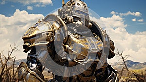 Fallout Armor Screenshot In John Wilhelm Style: Gray And Gold Vray Art