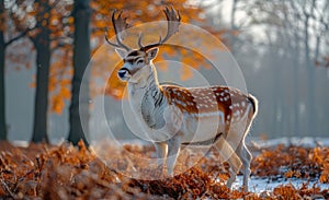 Fallow deer buck with big antlers walking in forest in winter