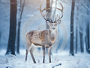 Fallow Deer Buck. Majestic powerful Fallow Deer Dama dama in winter forest Belarus. Wildlife scene from nature Europe