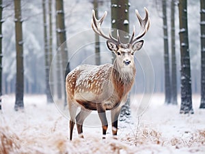 Fallow Deer Buck. Majestic powerful Fallow Deer Dama dama in winter forest Belarus. Wildlife scene from nature Europe