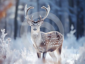 Fallow Deer Buck. Majestic powerful Fallow Deer Dama dama in winter forest Belarus. Wildlife scene from nature Europe