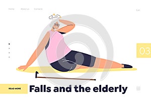 Falls and elderly concept of landing page with senior lady stumble fall down because of dizziness