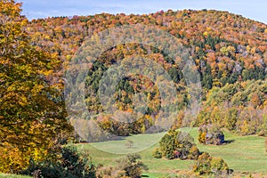 Falls foliage and little hut in Vermont countryside.