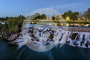 The falls in Idaho Falls Idaho, at dusk.