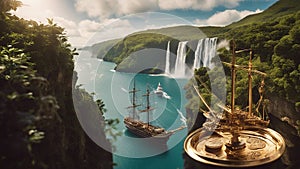 falls from the top Steam punk cruise ship with a waterfall with a landscape of pirate ship and treasures,