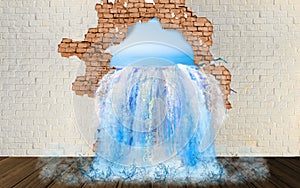 Falls from the wall. Water flows from the hole in the wall.