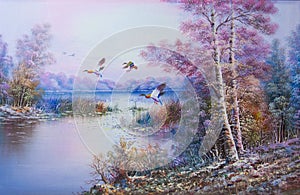 Falls in the winter with birds flying - Oil Painting