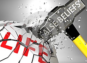 False beliefs and destruction of health and life - symbolized by word False beliefs and a hammer to show negative aspect of False