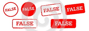 False circle and square shape red stamp label fake wrong incorrect disagree falsehood sign